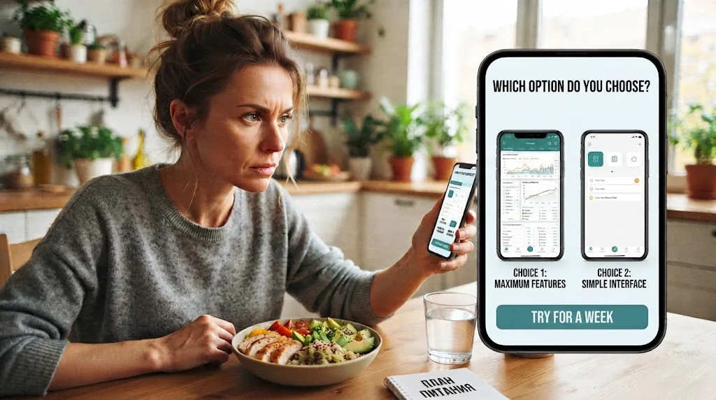 Several smartphones with different food tracking apps on a table