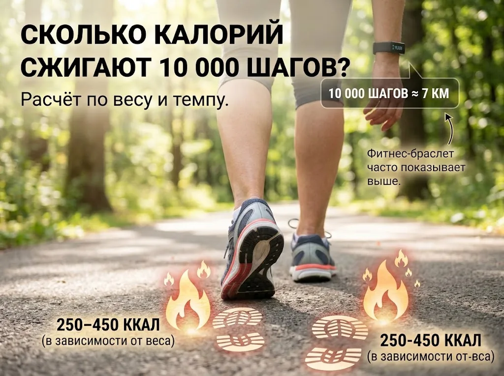 Человек идёт быстрым шагом по парковой дорожке, на руке фитнес-браслет