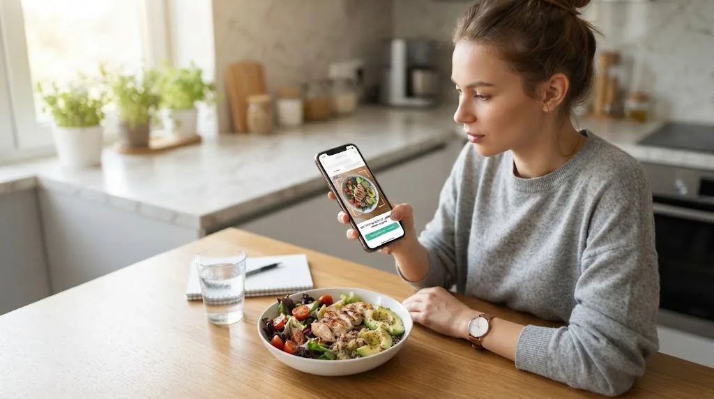 A phone above a plate of food taking a photo to count calories