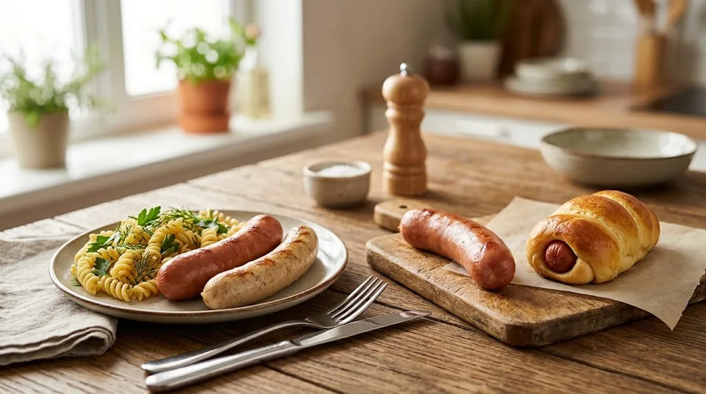 Two boiled frankfurters with buckwheat and cucumber on a plate