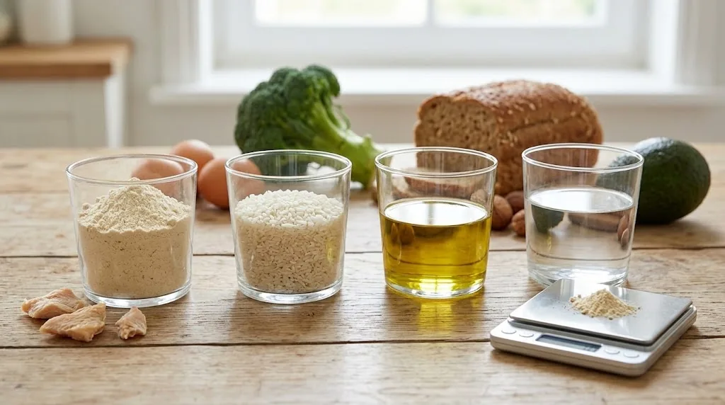 Kitchen scales holding a pat of butter, a chicken fillet and a handful of rice