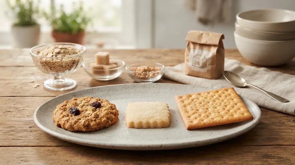 Oatmeal, shortbread and chocolate cookies on a plate next to a cup of tea