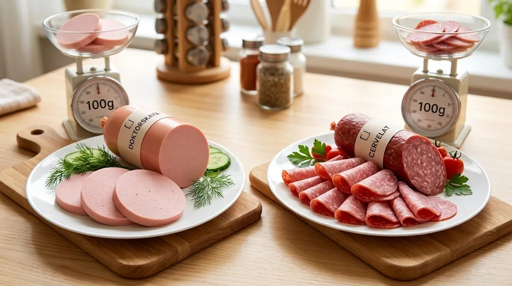 Slices of doktorskaya, cervelat and salami on a plate