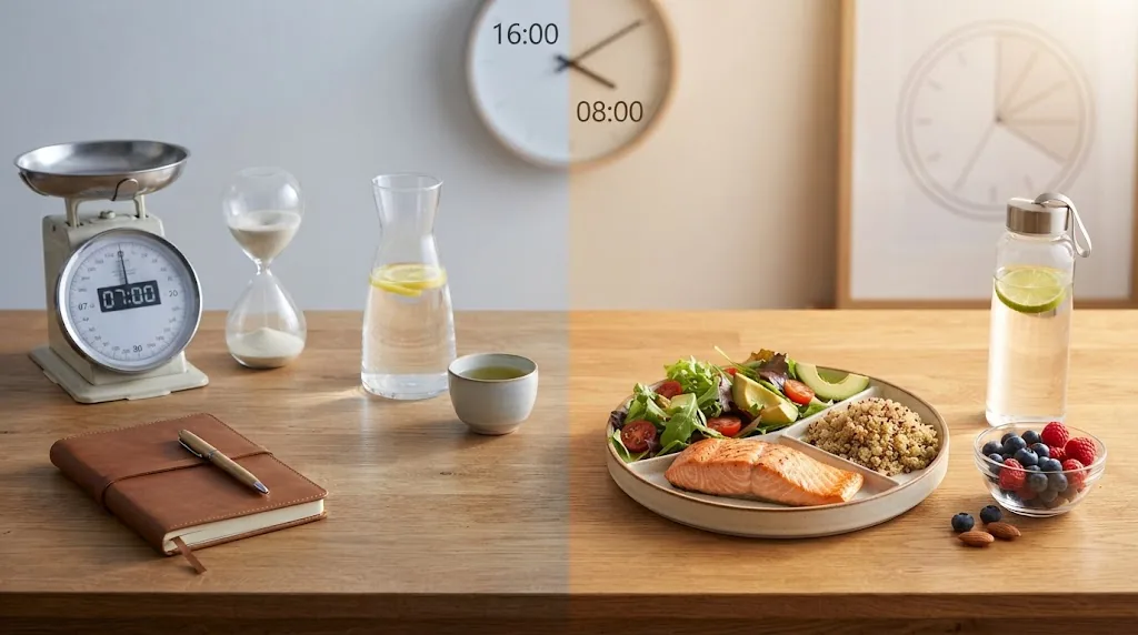 A plate of food and a clock with its hands at noon