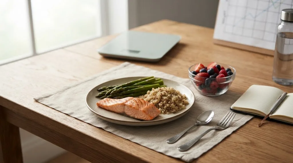 A food scale and a plate of lunch on a wooden table
