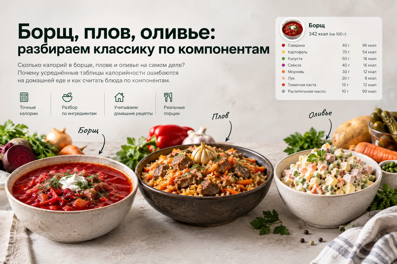 Борщ, плов, оливье: разбираем классику по компонентам
