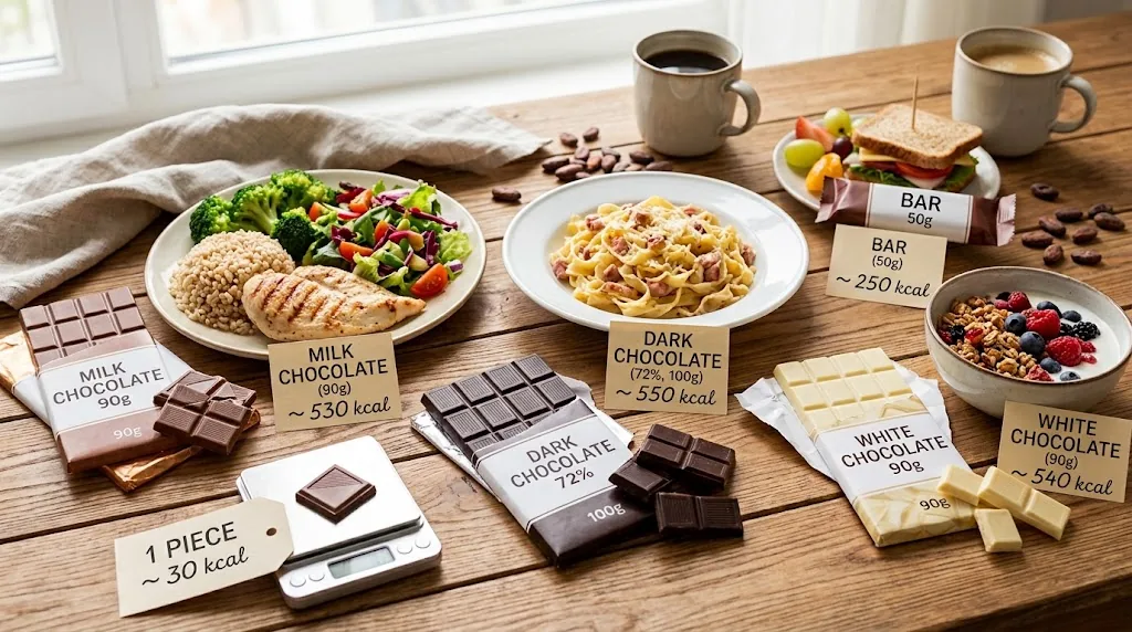 A milk chocolate bar broken into squares next to dark chocolate