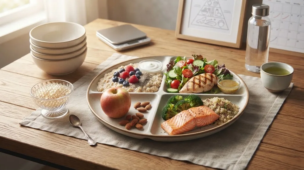 Four plates: porridge with berries, buckwheat with chicken, fish with broccoli and yoghurt